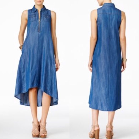 low back denim midi dress